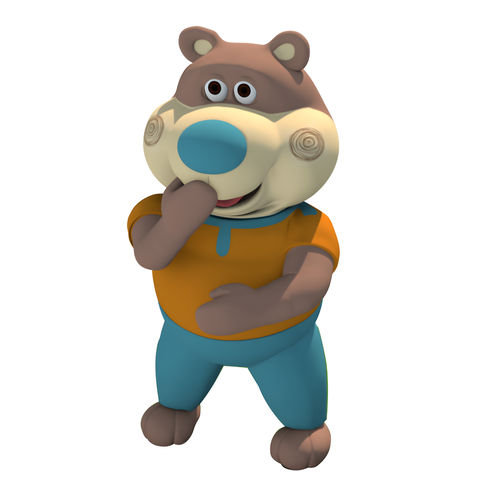 Cute cartoon bear character in orange shirt and blue pants