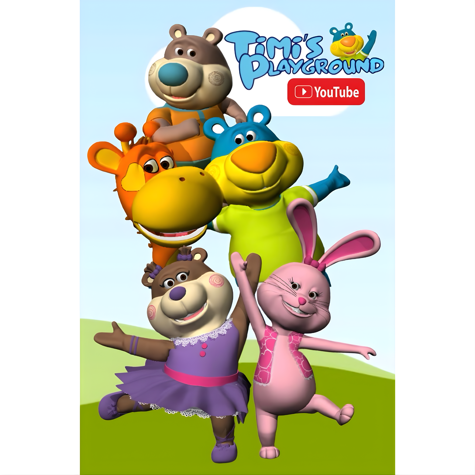 Tim's Playground characters, including bears, a hippo, and a bunny, with YouTube logo.