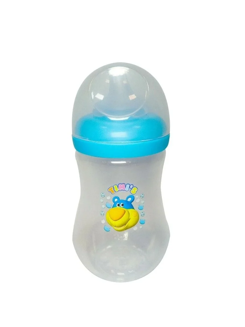 Blue and clear baby bottle with cartoon hippo design