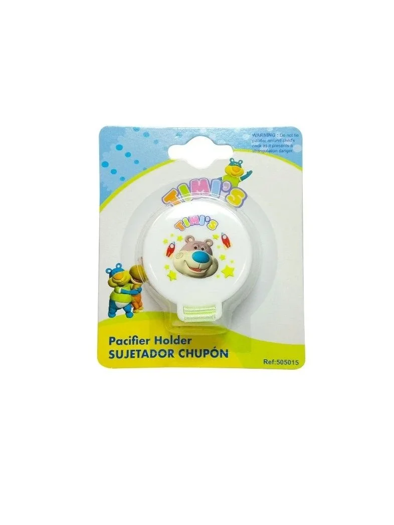 White pacifier holder with a bear graphic, labeled "Timi's Pacifier Holder Sujetador Chupon