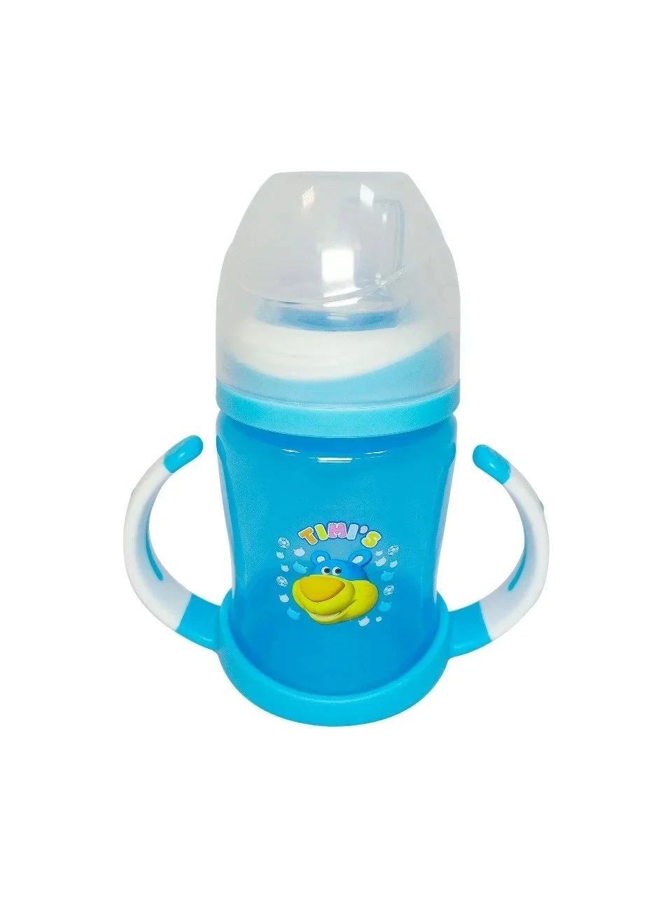 Blue baby sippy cup with duck graphic and handles