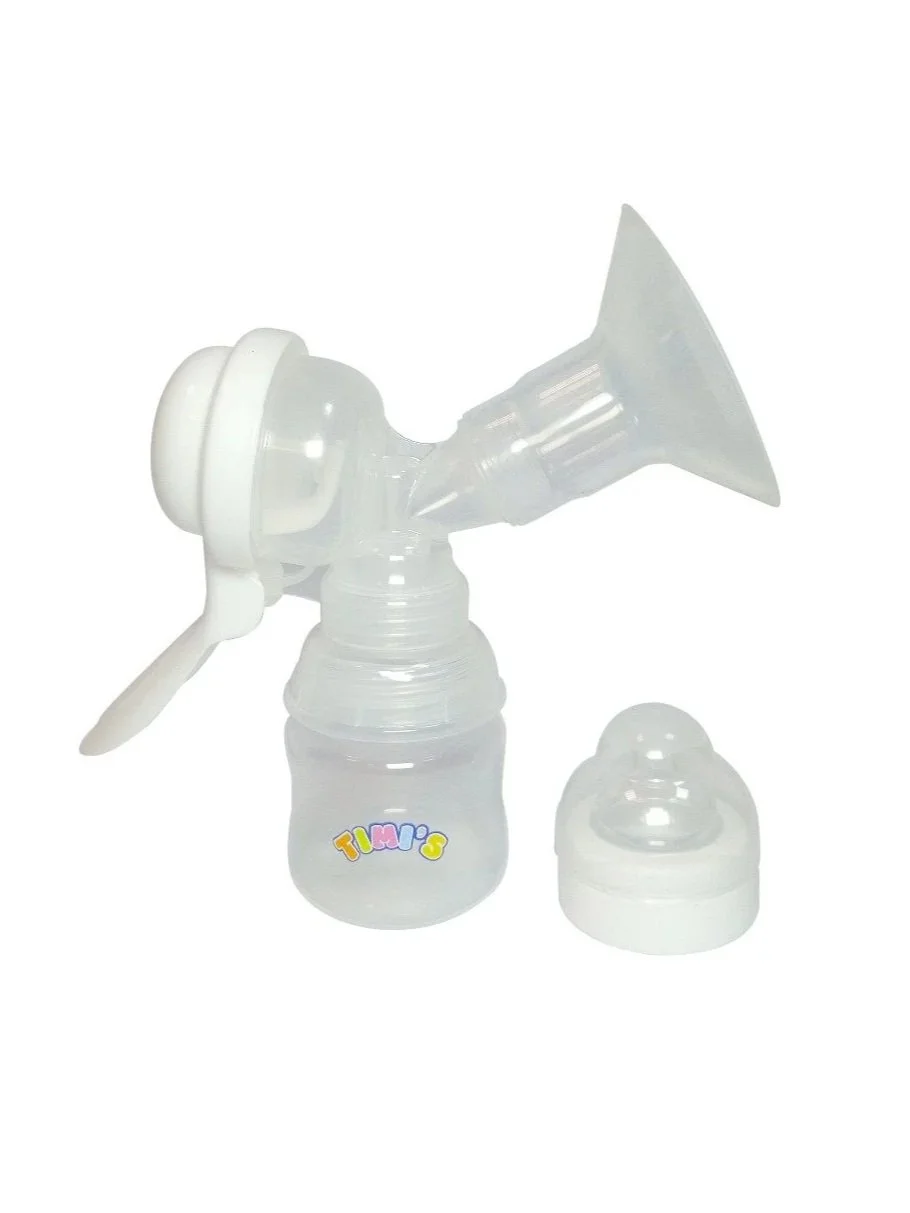 Manual breast pump with bottle and cap, white and clear plastic