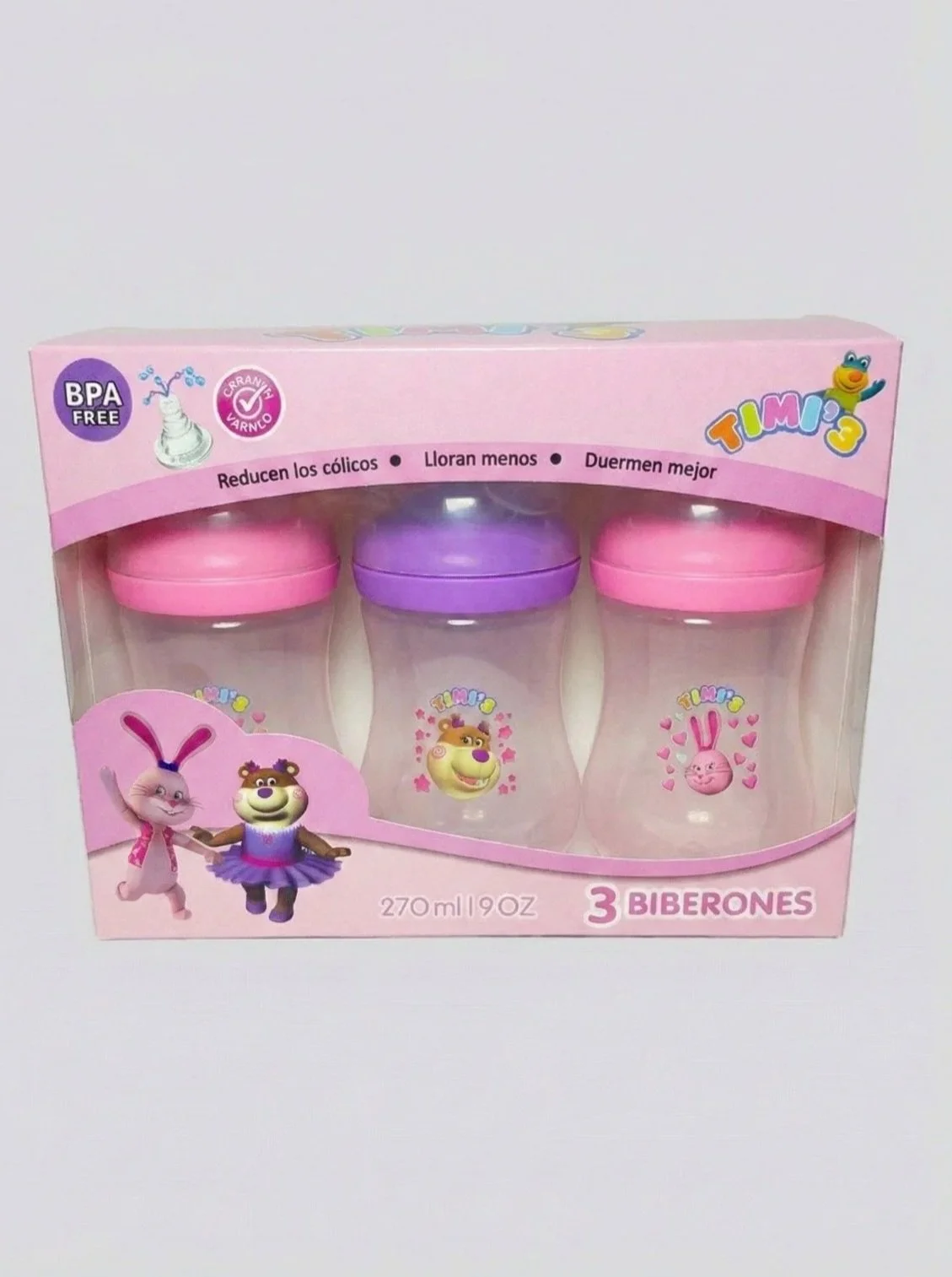 Pink and purple Timi's baby bottles, 3 pack, BPA free