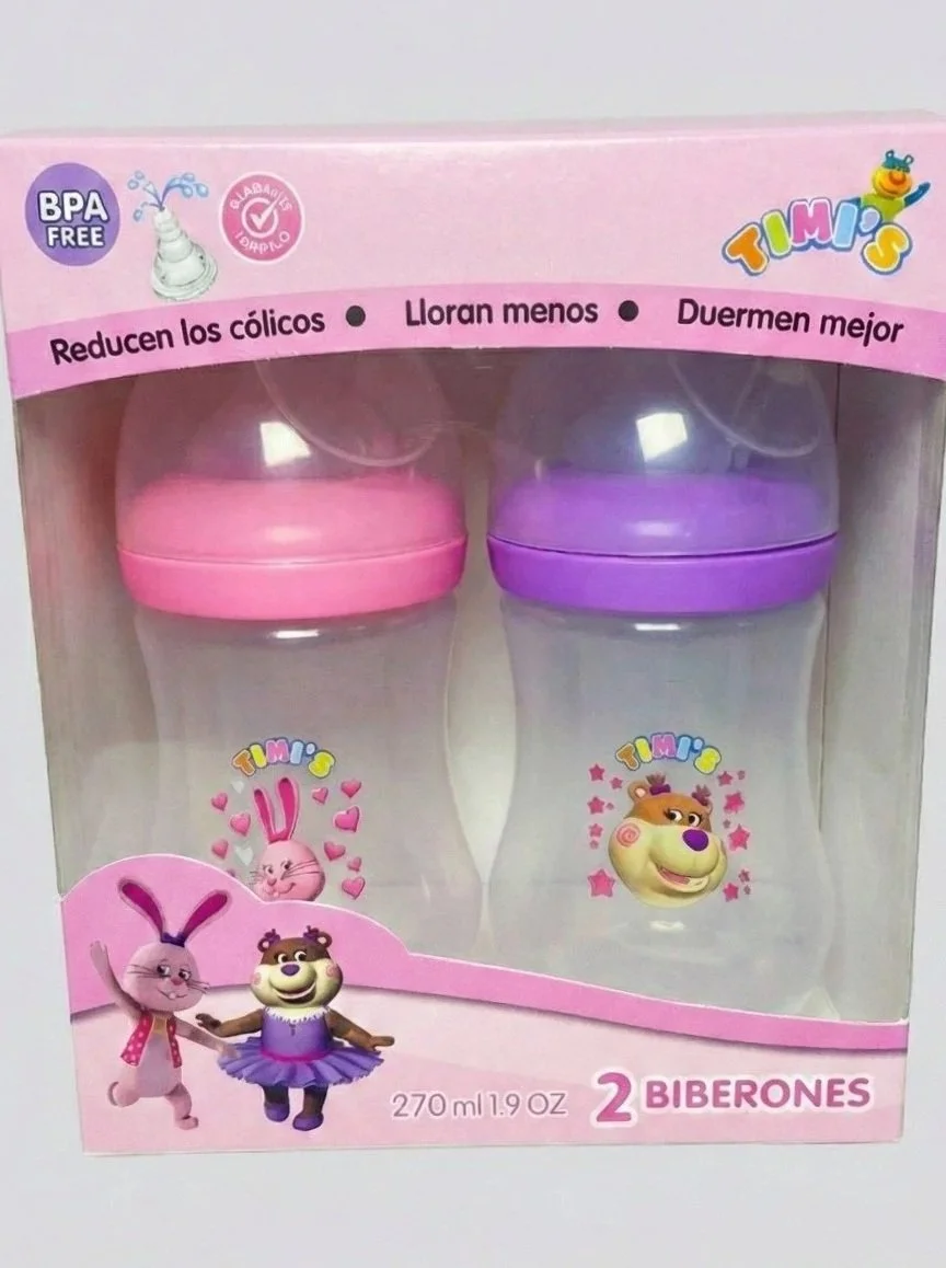 Two Timi's baby bottles, one pink, one purple, with cartoon characters.