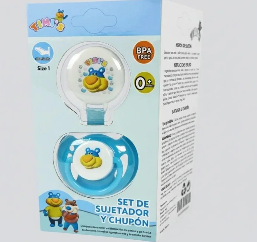 Blue baby pacifier and holder set with "Timi" logo and cartoon characters