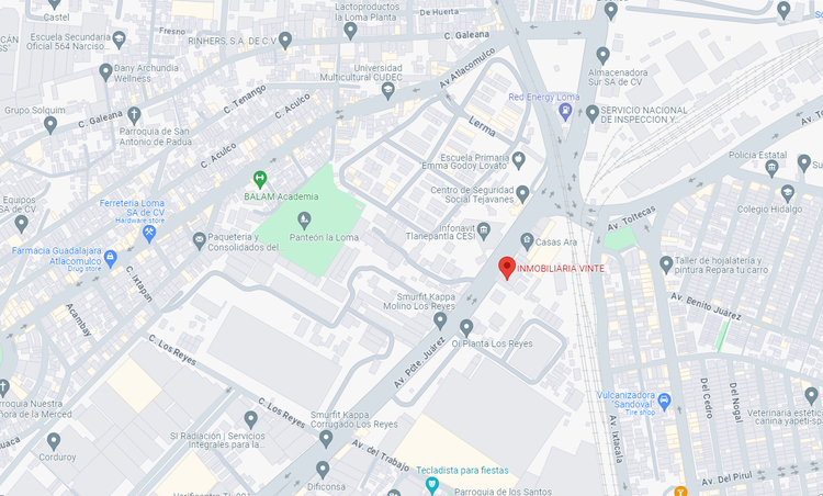 Map showing INMOBILIARIA VINTE location on Av. Tlajomulco, Guadalajara