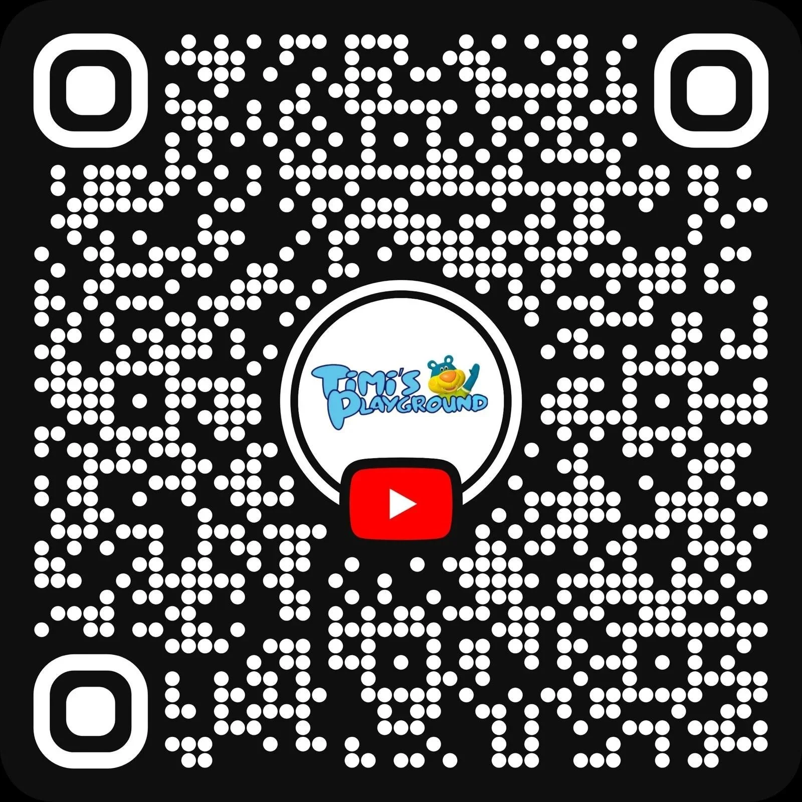 QR code for Timi's Playground YouTube channel, featuring a red play button.