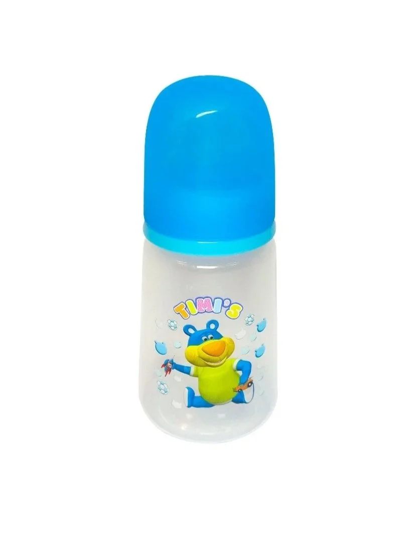 Blue-capped baby bottle with "Timi's" logo and cartoon bear