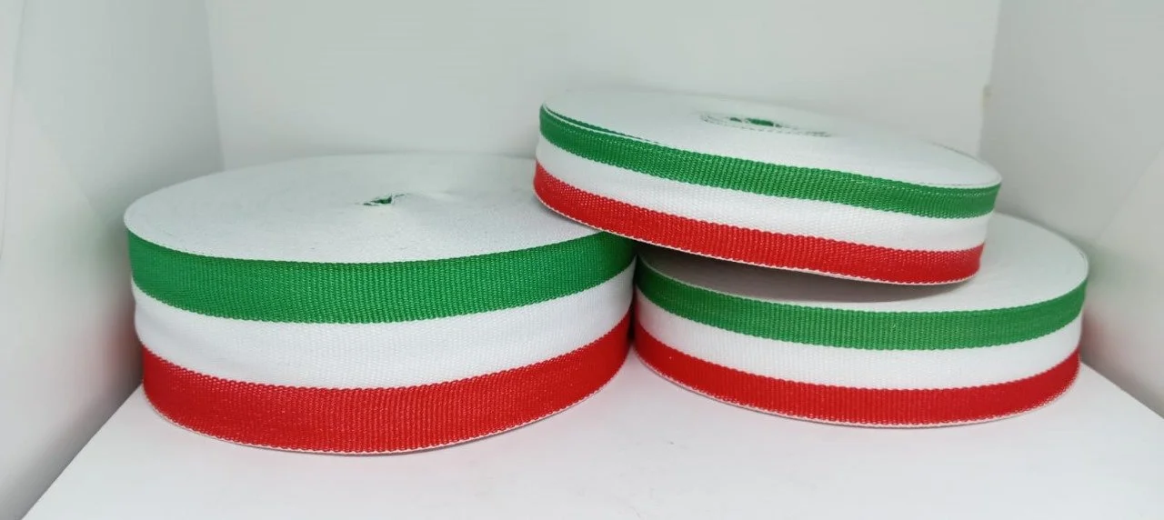 Three spools of tricolor ribbon (green, white, red) for sale