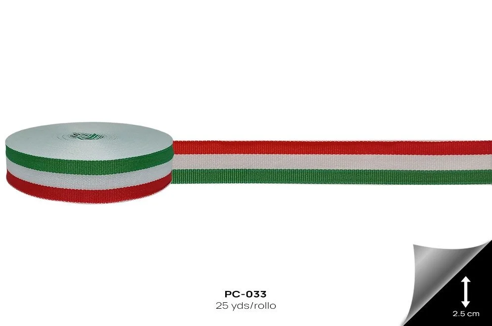 Roll of tricolor popotillo ribbon, red, white, and green stripes.