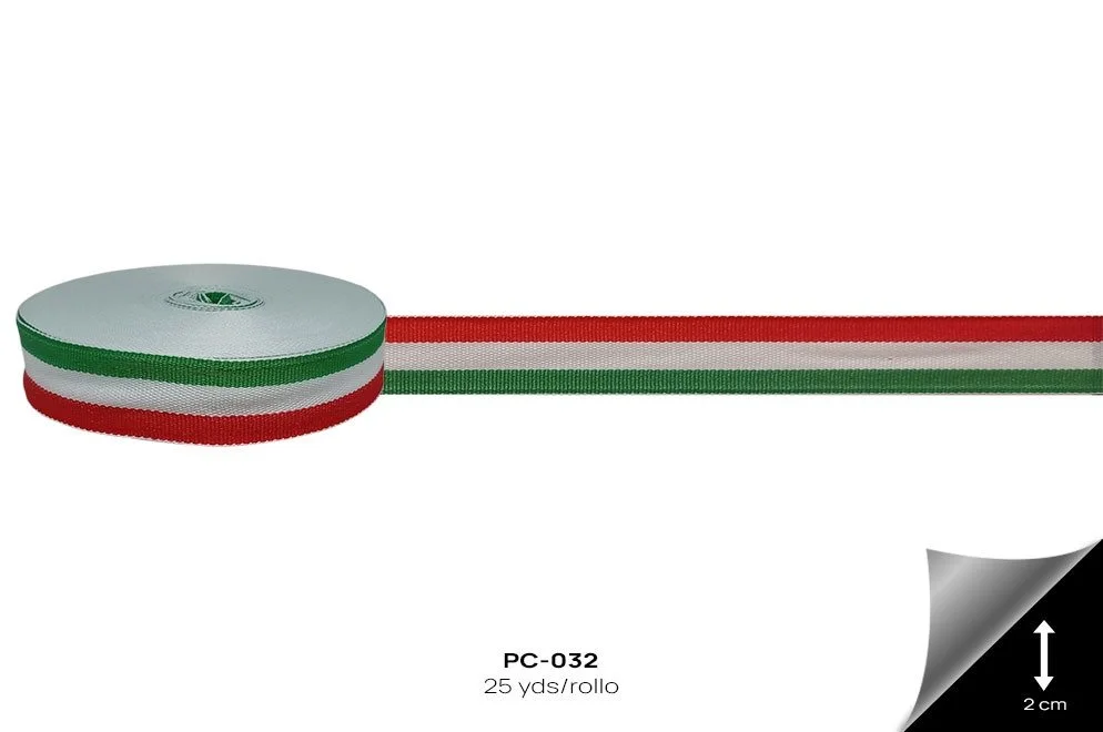 Popotillo ribbon in red, white, and green stripes, on a spool and unrolled
