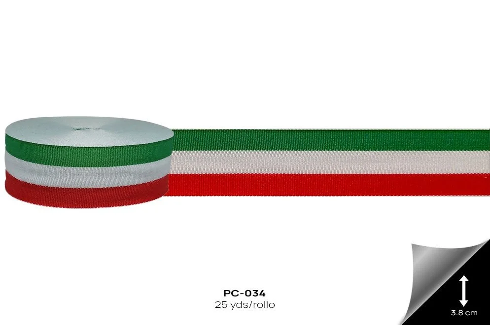 Liston Popotillo Tricolor ribbon, 25 yds, 3.8 cm wide, in green, white, and red